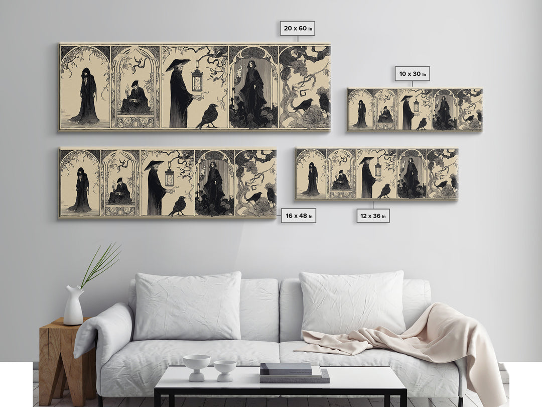The Lantern Specter, Decadent Line Art, Extra Wide Wall Art, Macabre Wall Art, Framed Canvas Print, Halloween Wall Art