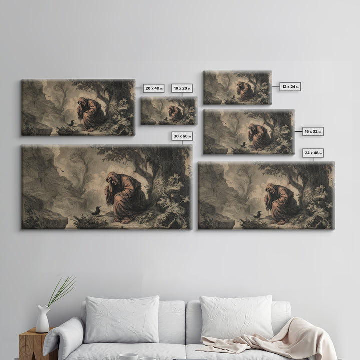 The Red-Eyed Night Hag, Baroque Witchcraft Art, Wide Panoramic Art, Gothic Horror Wall Art, Framed Canvas Print, Halloween Wall Art