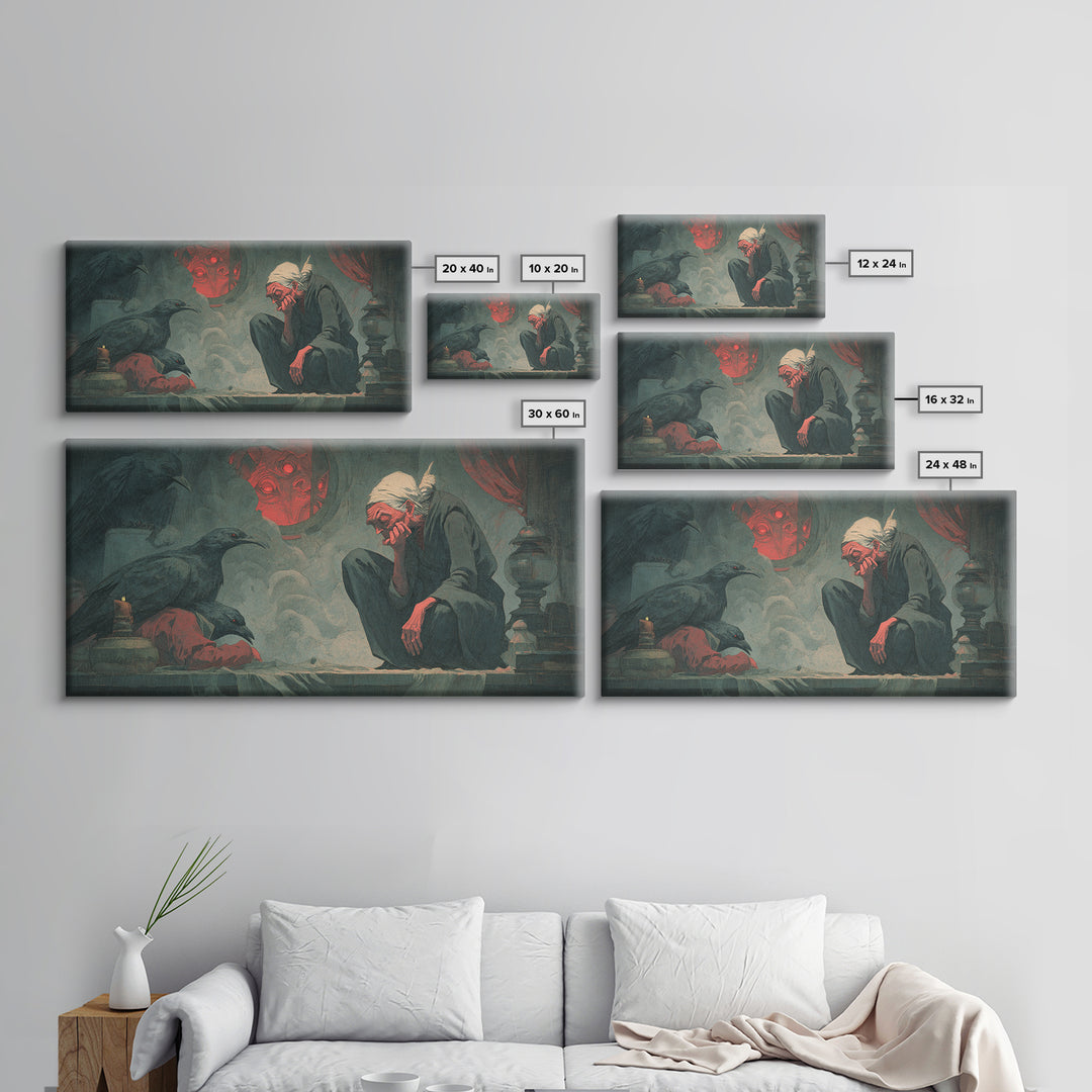 The Red-Eyed Night Hag, Gothic Nightmare Art, Wide Panoramic Art, Dark Fantasy Wall Art, Canvas Print, Halloween Wall Art