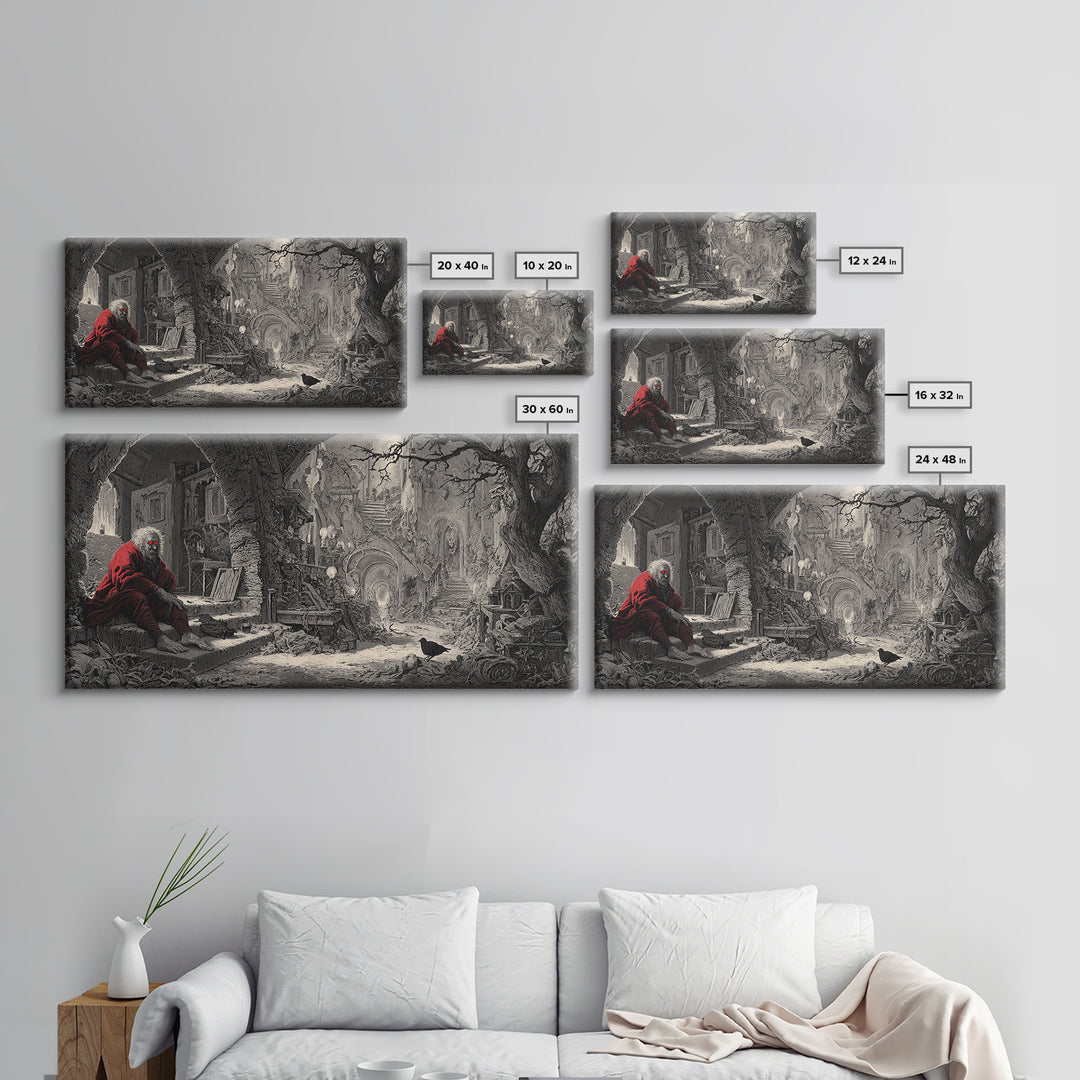The Red-Eyed Night Hag, Architectural Etching Art, Wide Panoramic Art, Macabre Wall Art, Canvas Print, Halloween Wall Art