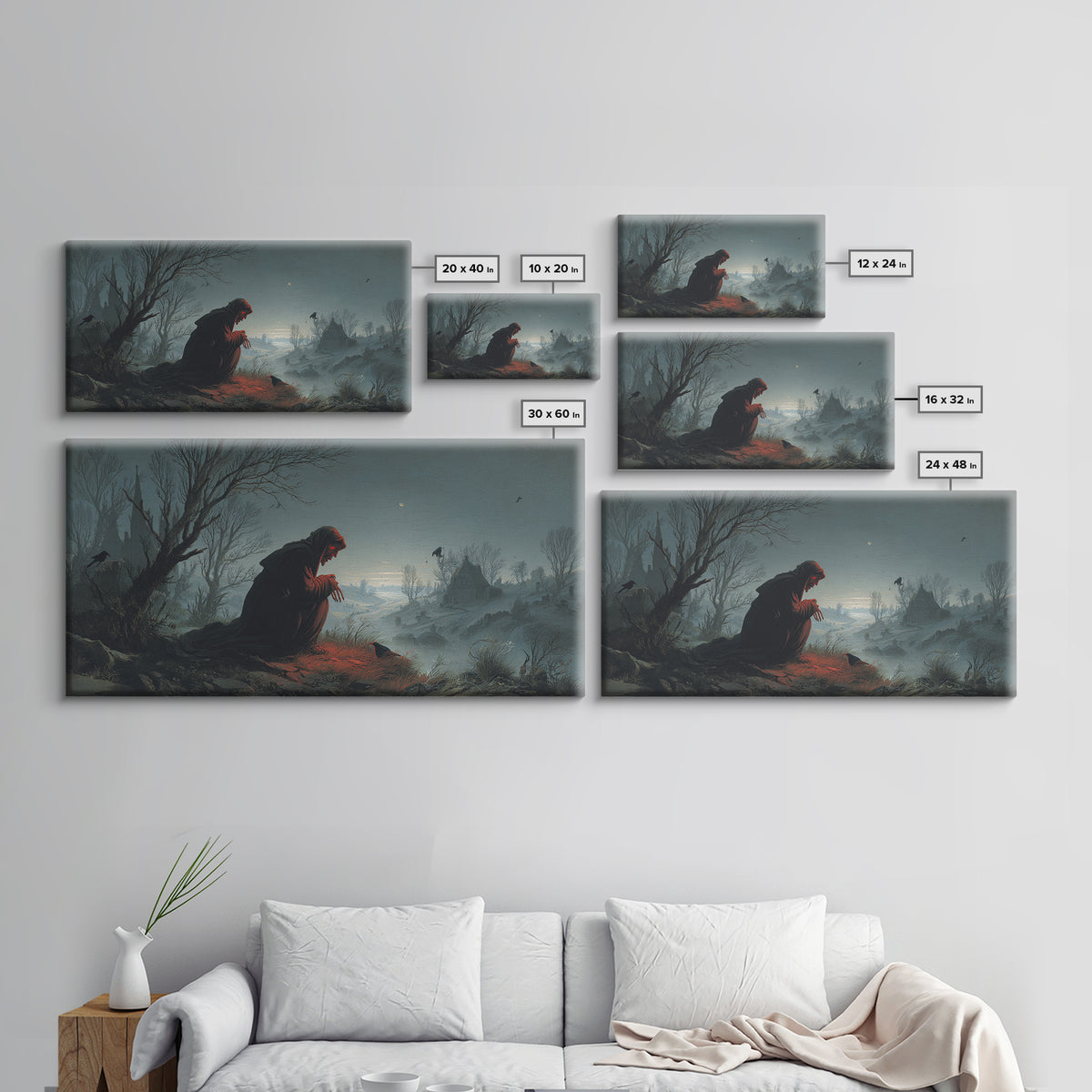 The Red-Eyed Night Hag, Romantic Gothic Landscape, Wide Panoramic Art, Dark Halloween Decor, Canvas Print, Halloween Wall Art