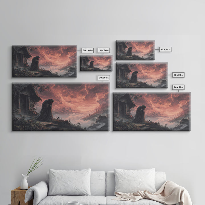 The Red-Eyed Night Hag, Apocalyptic Romantic Art, Wide Panoramic Art, Dark Halloween Decor, Canvas Print, Halloween Wall Art