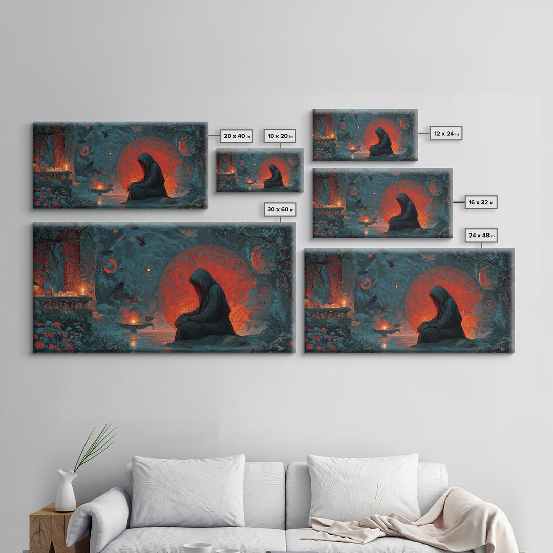 The Red-Eyed Night Hag, Symbolist Gothic Landscape, Wide Panoramic Art, Dark Halloween Decor, Canvas Print, Halloween Wall Art