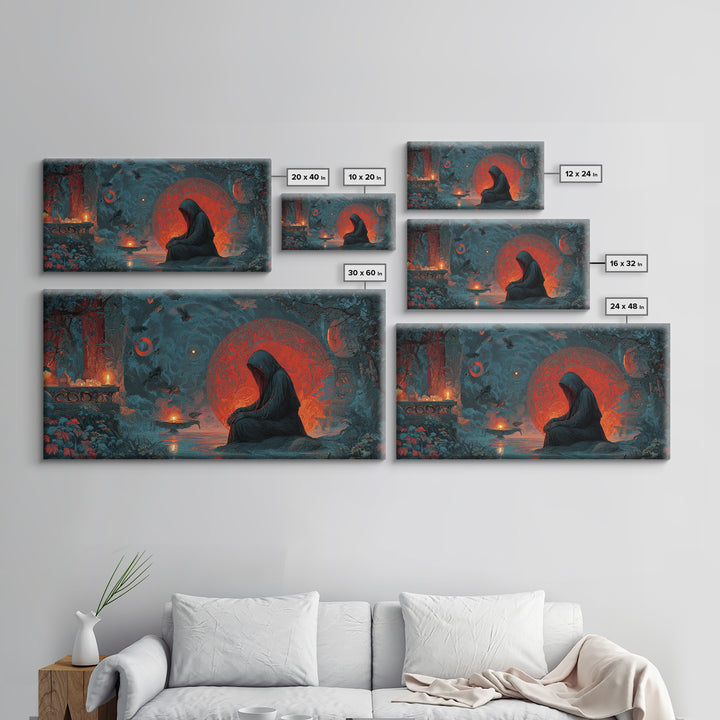 The Red-Eyed Night Hag, Symbolist Gothic Landscape, Wide Panoramic Art, Dark Halloween Decor, Canvas Print, Halloween Wall Art
