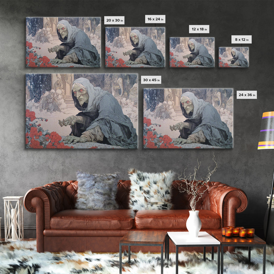 The Red-Eyed Night Hag, Symbolist Death Art, Landscape Wall Art, Gothic Horror Wall Art, Framed Canvas Print, Halloween Wall Art