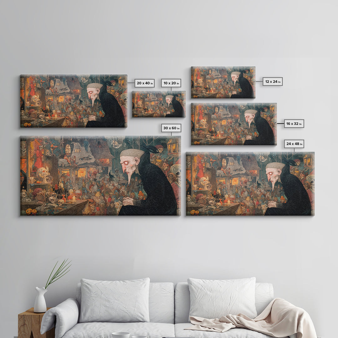 The Red-Eyed Night Hag, Grotesque Carnival Art, Wide Panoramic Art, Gothic Horror Wall Art, Framed Canvas Print, Halloween Wall Art