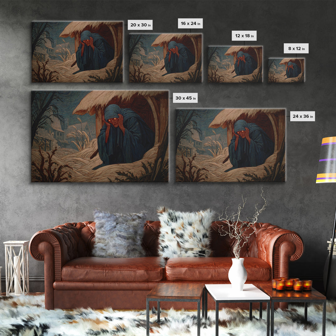 The Red-Eyed Night Hag, Expressionist Gothic Art, Landscape Wall Art, Macabre Wall Art, Framed Canvas Print, Halloween Wall Art