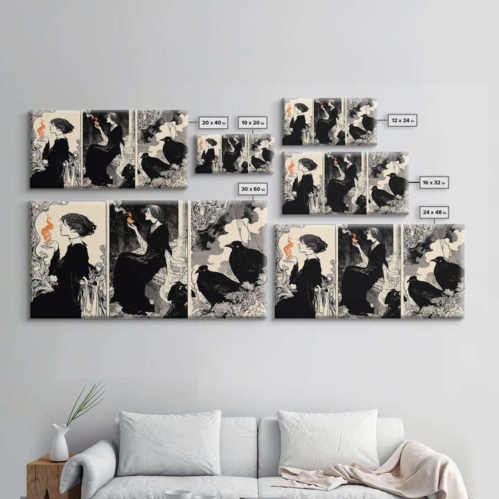 The Red-Eyed Night Hag, Decadent Line Art, Wide Panoramic Art, Dark Fantasy Wall Art, Framed Canvas Print, Halloween Wall Art