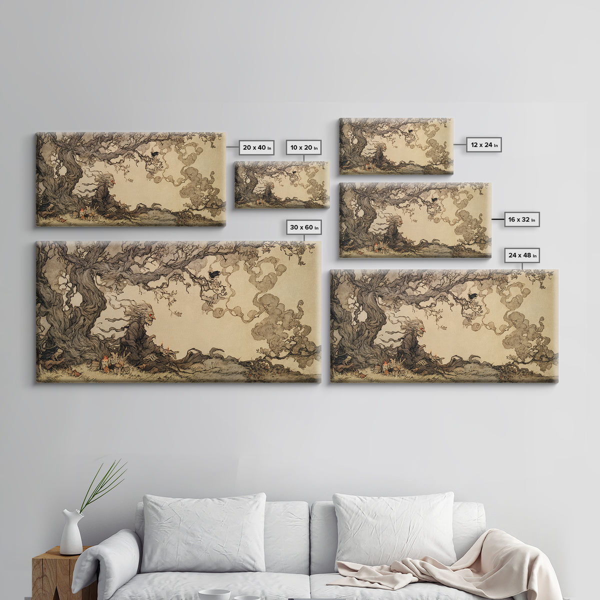 The Red-Eyed Night Hag, Gothic Storybook Art, Wide Panoramic Art, Macabre Wall Art, Canvas Print, Halloween Wall Art