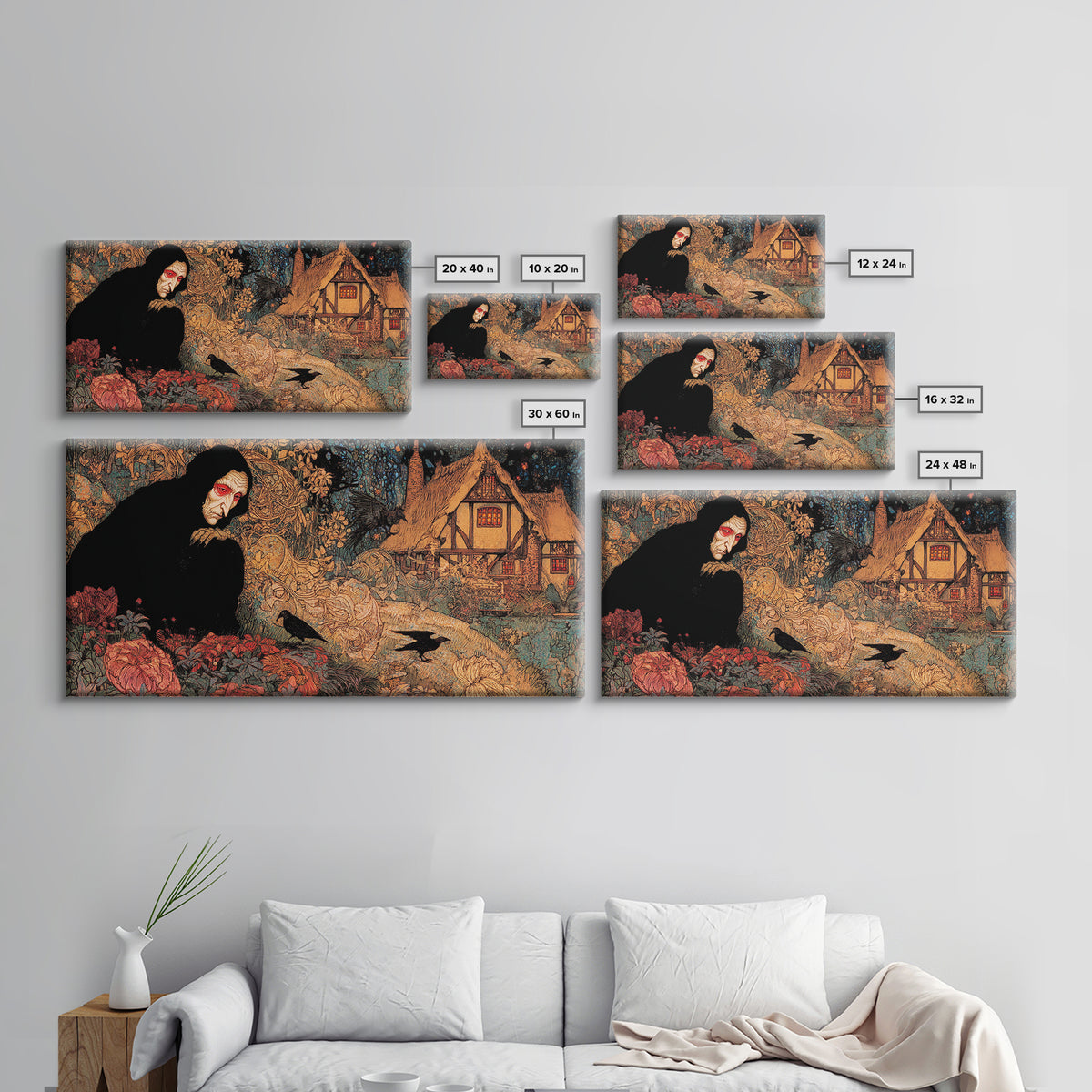 The Red-Eyed Night Hag, Stained Glass Gothic Art, Wide Panoramic Art, Dark Fantasy Wall Art, Canvas Print, Halloween Wall Art