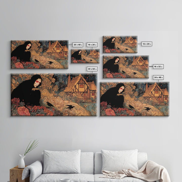 The Red-Eyed Night Hag, Stained Glass Gothic Art, Wide Panoramic Art, Dark Fantasy Wall Art, Canvas Print, Halloween Wall Art