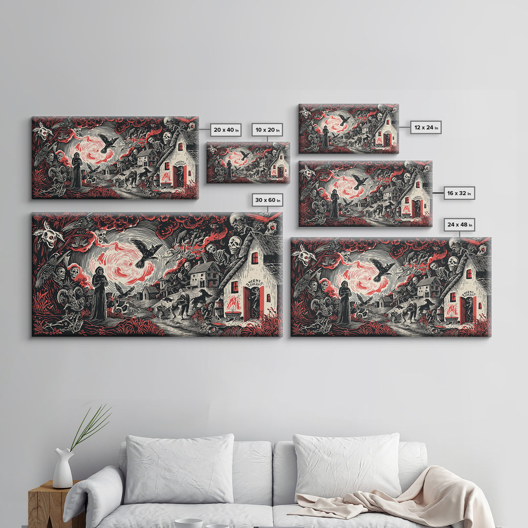 The Red-Eyed Night Hag, Macabre Folk Print Art, Wide Panoramic Art, Gothic Horror Wall Art, Canvas Print, Halloween Wall Art