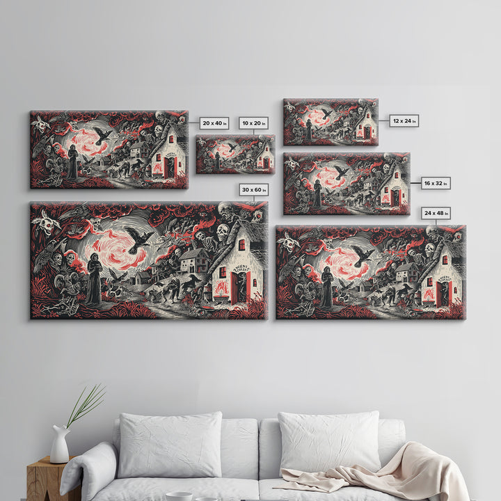 The Red-Eyed Night Hag, Macabre Folk Print Art, Wide Panoramic Art, Gothic Horror Wall Art, Canvas Print, Halloween Wall Art