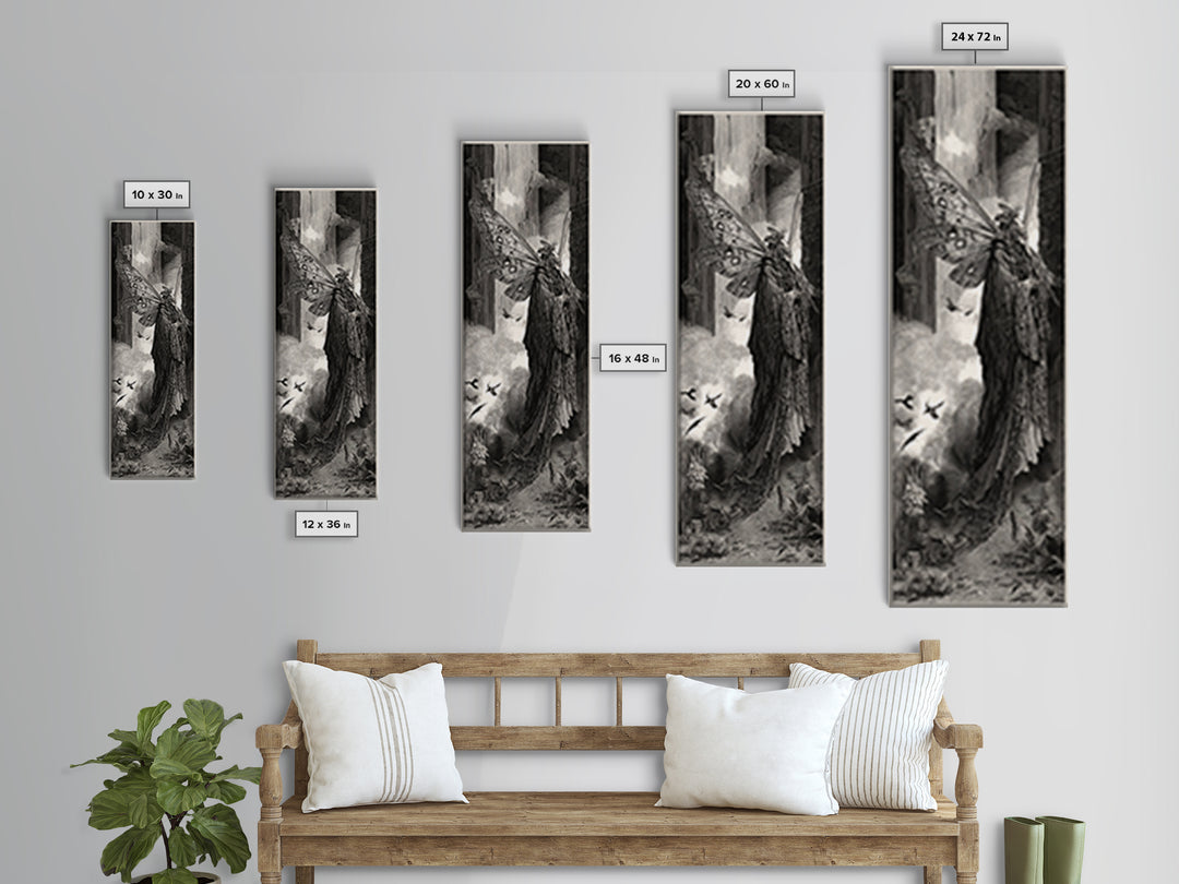 The Velvet Moth Witch, Gothic Engraving Art, Tall Narrow Wall Art, Gothic Horror Wall Art, Canvas Print, Halloween Wall Art