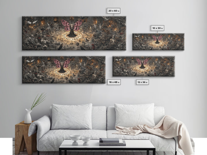 The Velvet Moth Witch, Medieval Grotesque Art, Extra Wide Wall Art, Dark Halloween Decor, Canvas Print, Halloween Wall Art