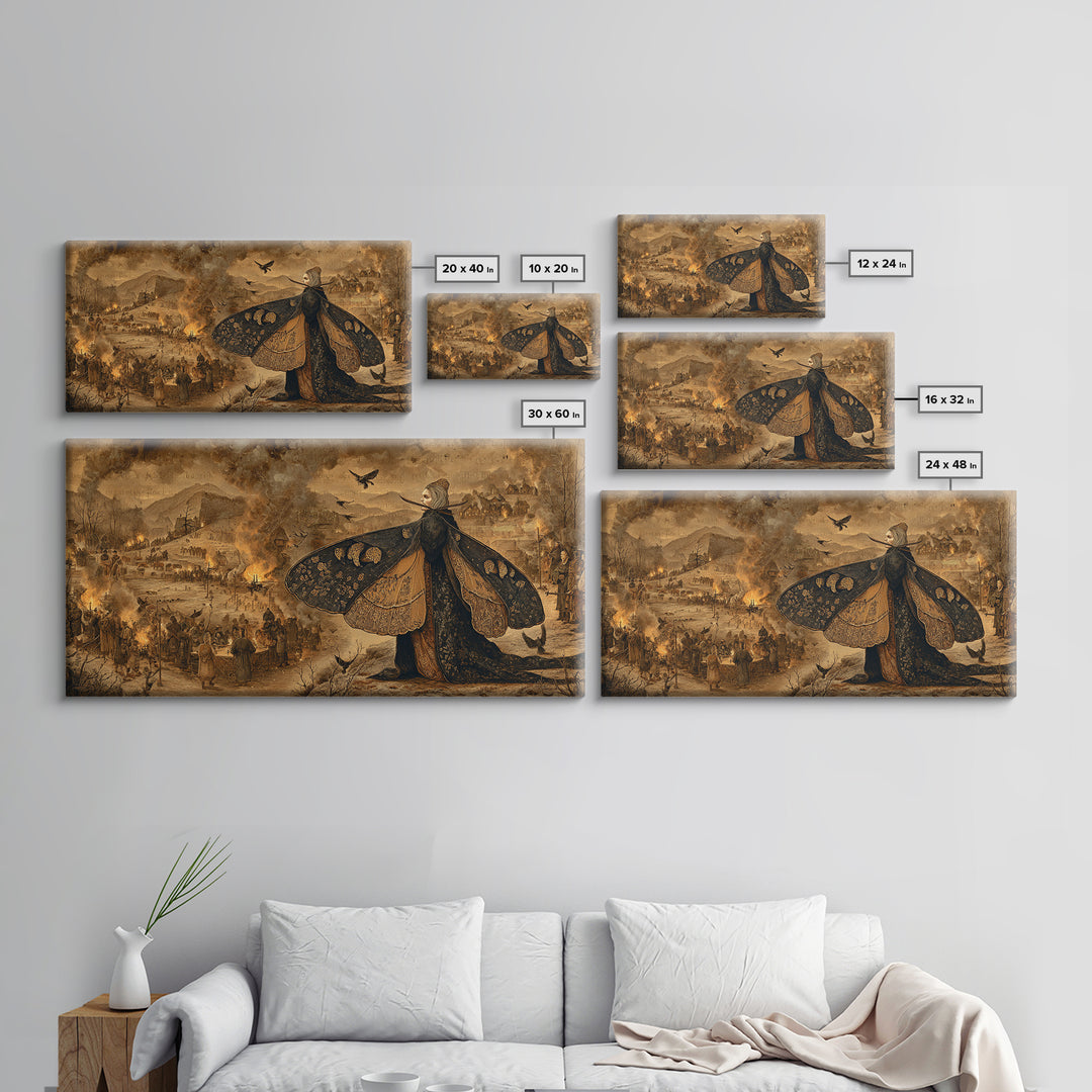 The Velvet Moth Witch, Northern Renaissance Horror, Wide Panoramic Art, Gothic Horror Wall Art, Framed Canvas Print