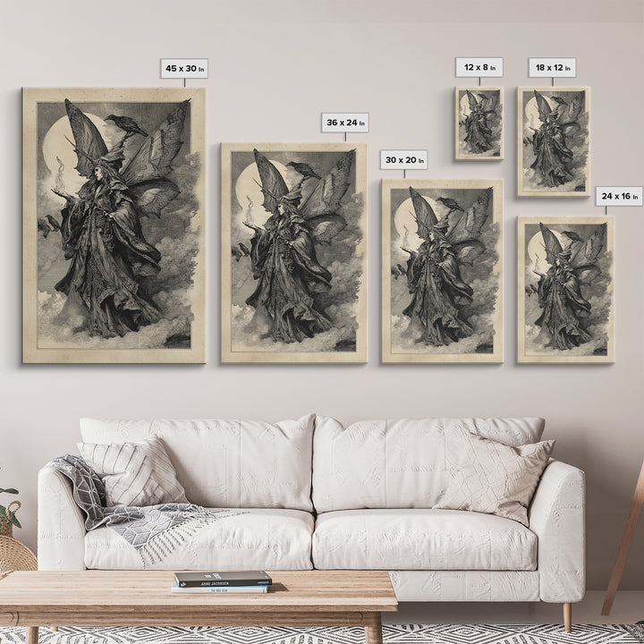 The Velvet Moth Witch, Renaissance Engraving Art, Vertical Wall Art, Gothic Horror Wall Art, Framed Canvas Print, Halloween Wall Art