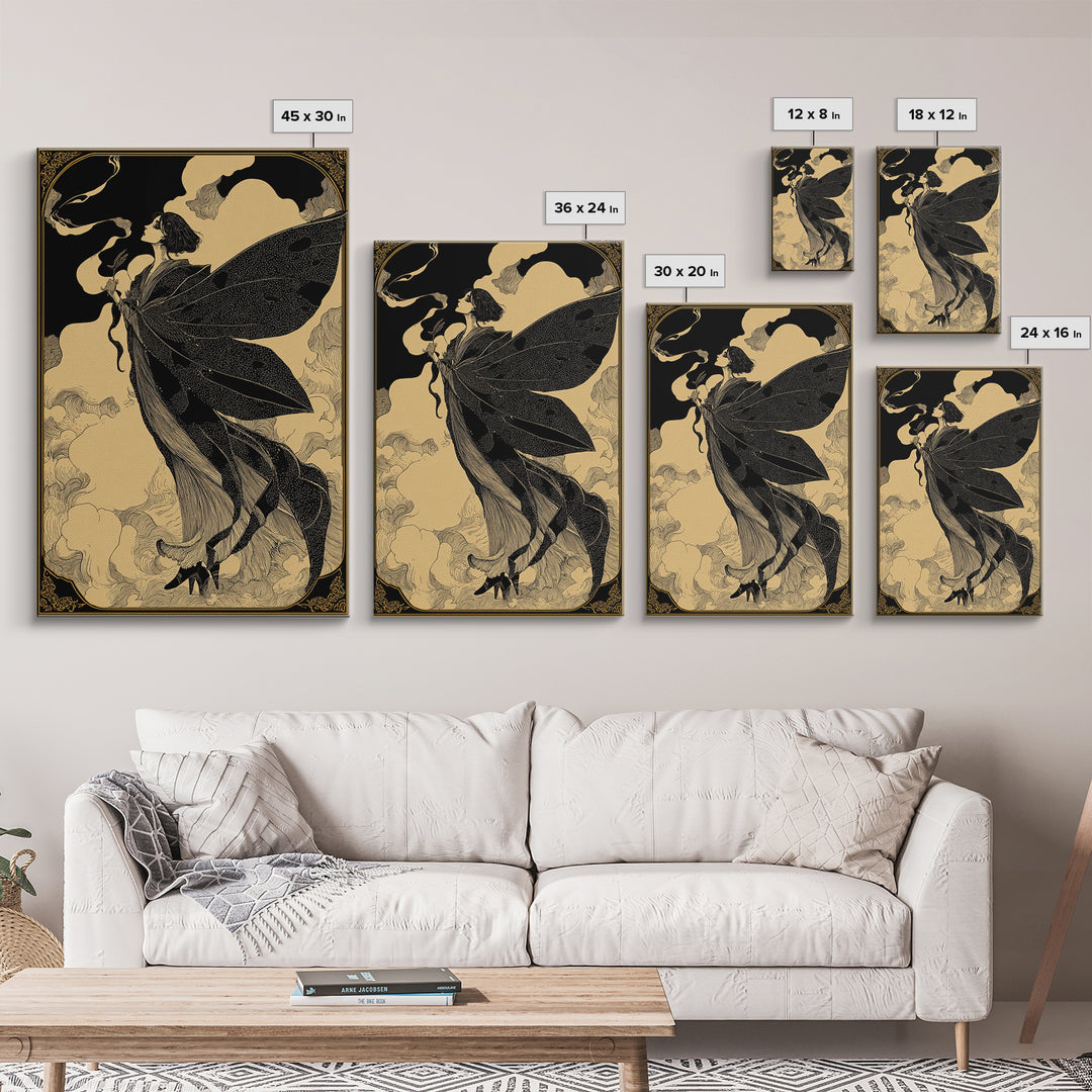 The Velvet Moth Witch, Decadent Line Art, Vertical Wall Art, Gothic Horror Wall Art, Canvas Print, Halloween Wall Art