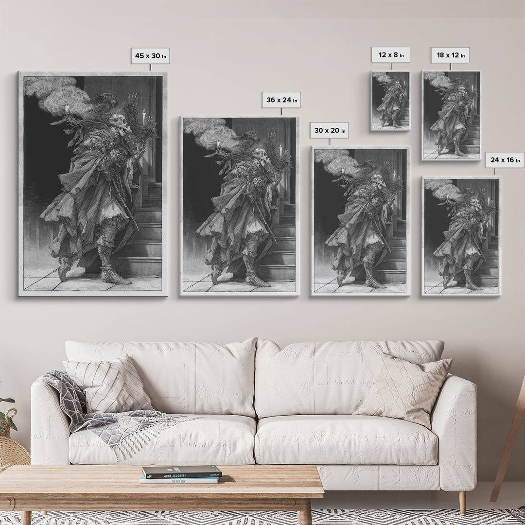 The Ghostly Groom, Renaissance Engraving Art, Vertical Wall Art, Dark Halloween Decor, Canvas Print, Halloween Wall Art