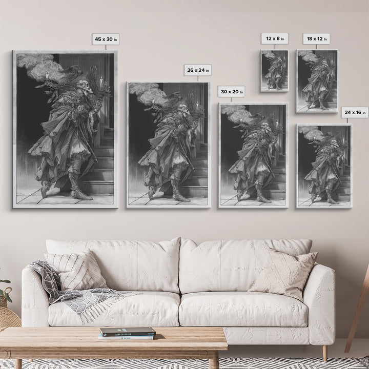 The Ghostly Groom, Renaissance Engraving Art, Vertical Wall Art, Dark Halloween Decor, Canvas Print, Halloween Wall Art