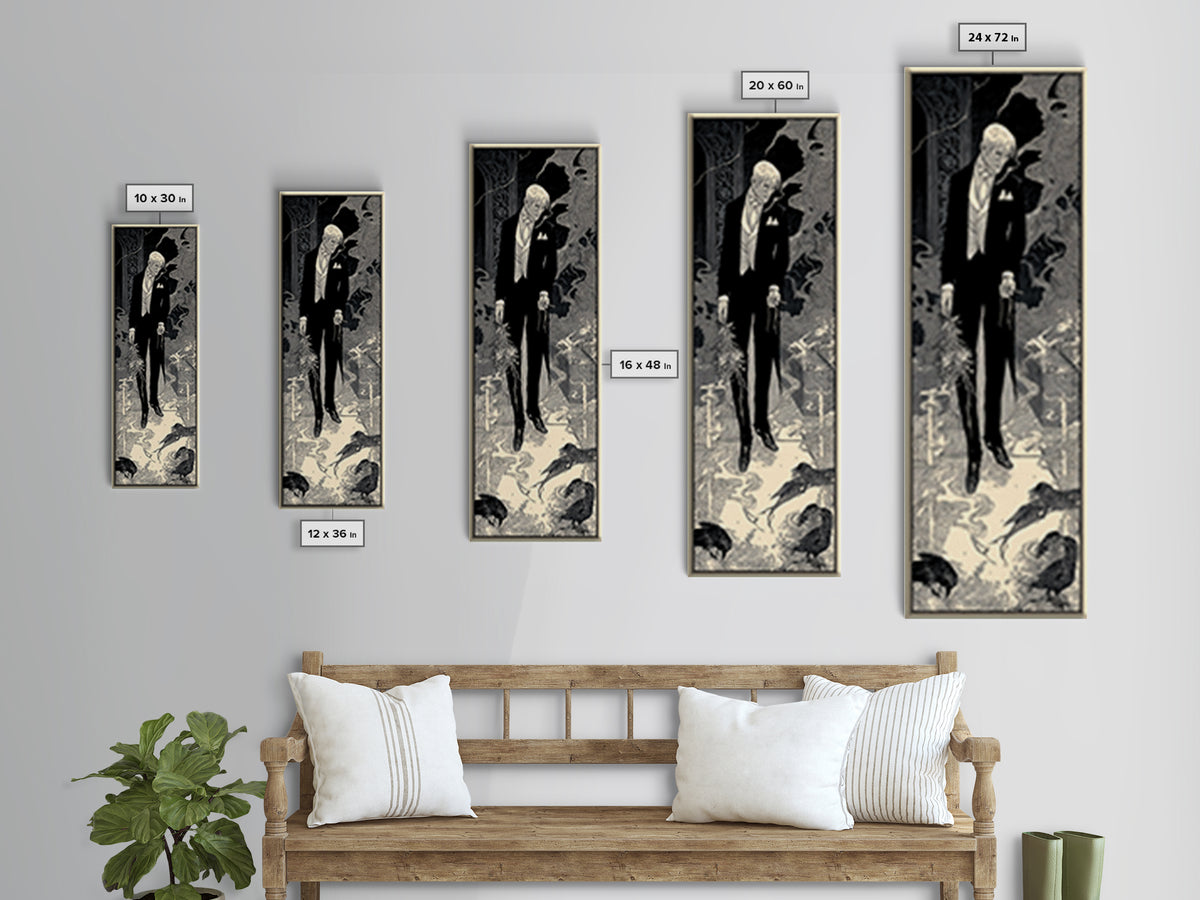 The Ghostly Groom, Decadent Line Art, Tall Narrow Wall Art, Dark Fantasy Wall Art, Framed Canvas Print, Halloween Wall Art