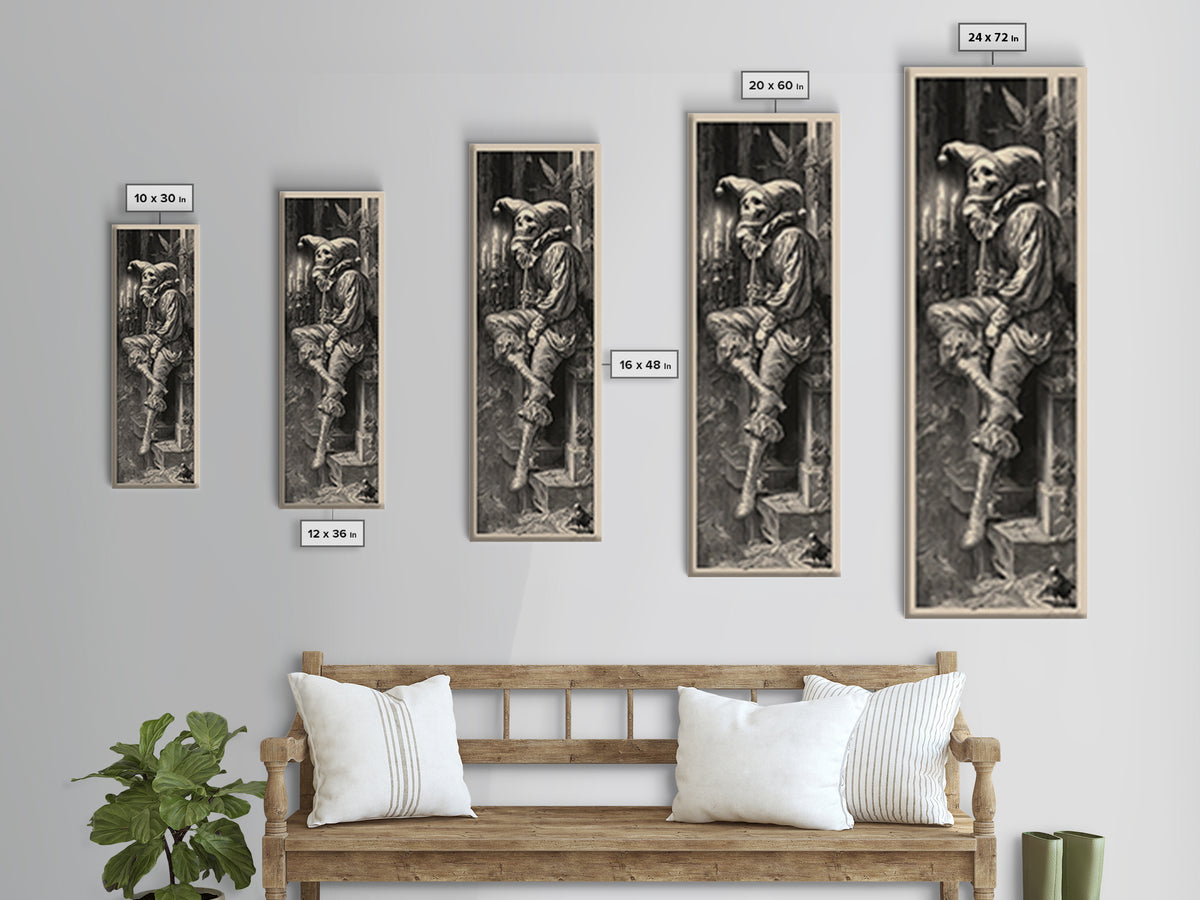 The Phantom Jester, Gothic Engraving Art, Tall Narrow Wall Art, Dark Fantasy Wall Art, Framed Canvas Print, Halloween Wall Art