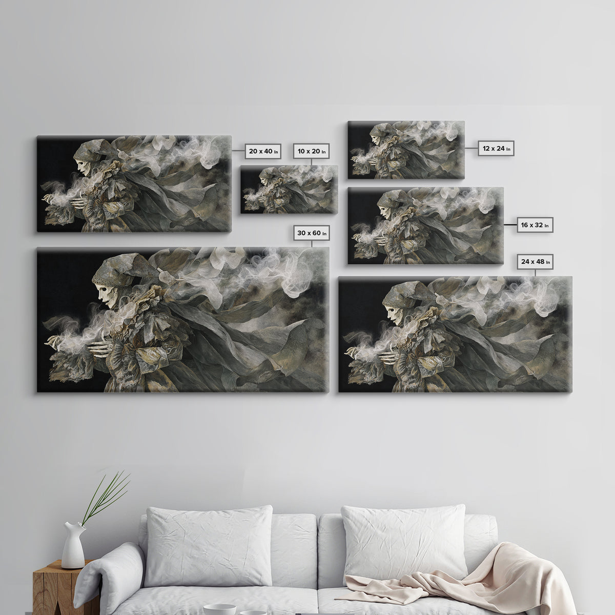 The Phantom Jester, Visionary Gothic Art, Wide Panoramic Art, Macabre Wall Art, Framed Canvas Print, Halloween Wall Art