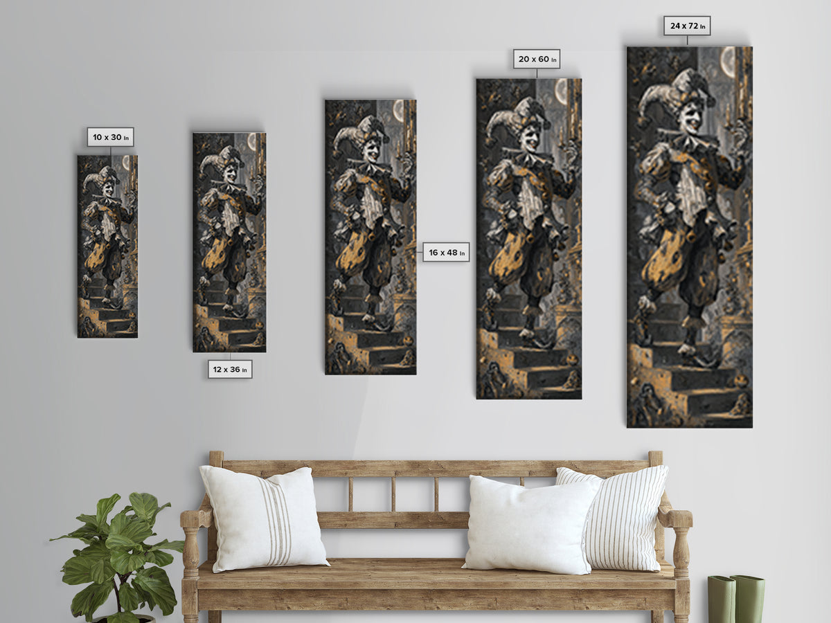The Phantom Jester, Architectural Etching Art, Tall Narrow Wall Art, Gothic Horror Wall Art, Framed Canvas Print