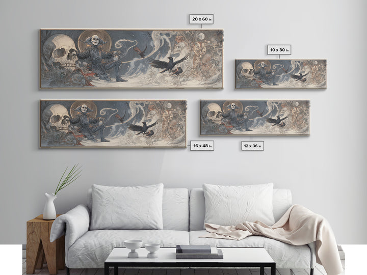 The Phantom Jester, Symbolist Death Art, Extra Wide Wall Art, Dark Fantasy Wall Art, Framed Canvas Print, Halloween Wall Art
