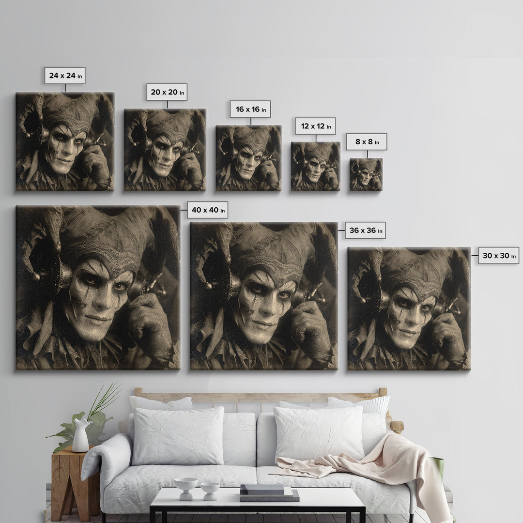 The Phantom Jester, Dark Symbolist Art, Square Wall Art, Gothic Horror Wall Art, Framed Canvas Print, Halloween Wall Art