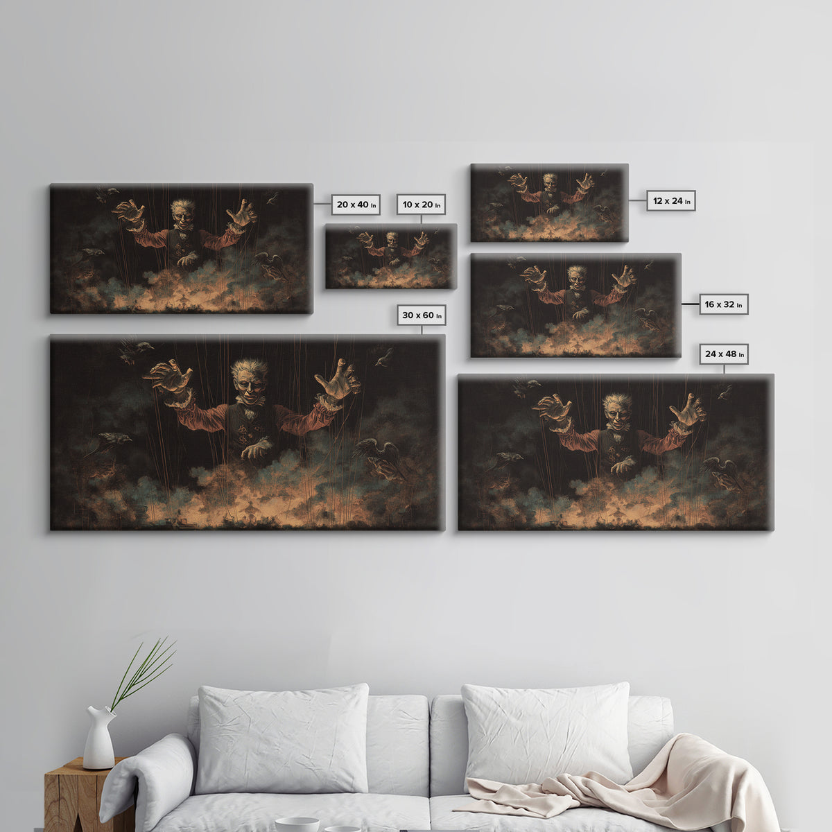 The Marionette Master, Visionary Gothic Art, Wide Panoramic Art, Dark Halloween Decor, Framed Canvas Print, Halloween Wall Art