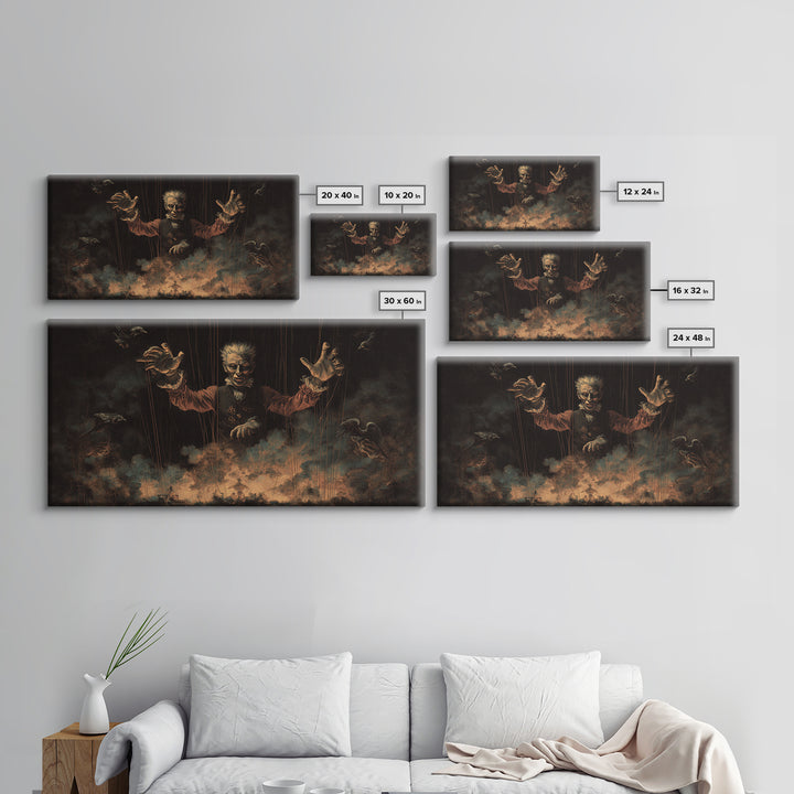 The Marionette Master, Visionary Gothic Art, Wide Panoramic Art, Dark Halloween Decor, Framed Canvas Print, Halloween Wall Art