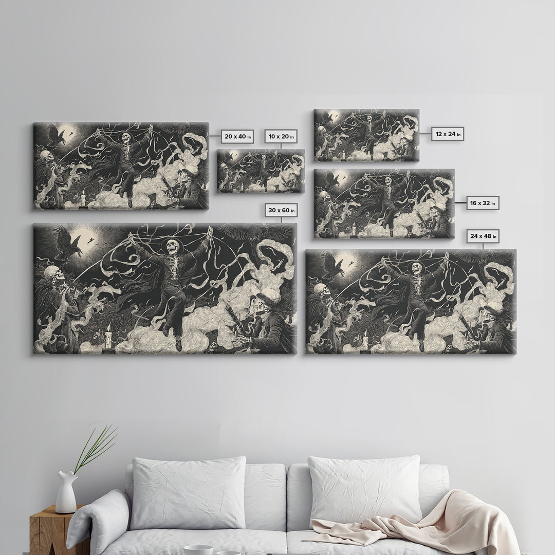 The Marionette Master, Macabre Folk Print Art, Wide Panoramic Art, Dark Halloween Decor, Framed Canvas Print, Halloween Wall Art