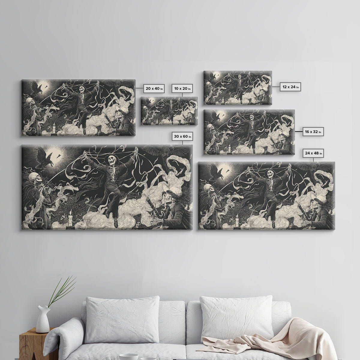 The Marionette Master, Macabre Folk Print Art, Wide Panoramic Art, Dark Halloween Decor, Framed Canvas Print, Halloween Wall Art