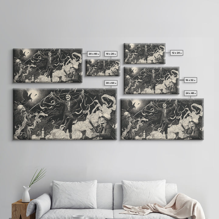 The Marionette Master, Macabre Folk Print Art, Wide Panoramic Art, Dark Halloween Decor, Framed Canvas Print, Halloween Wall Art