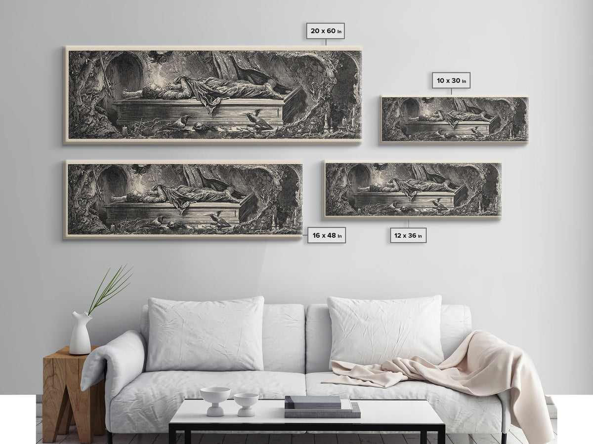 The Coffin Sleeper, Renaissance Engraving Art, Extra Wide Wall Art, Gothic Horror Wall Art, Canvas Print, Halloween Wall Art