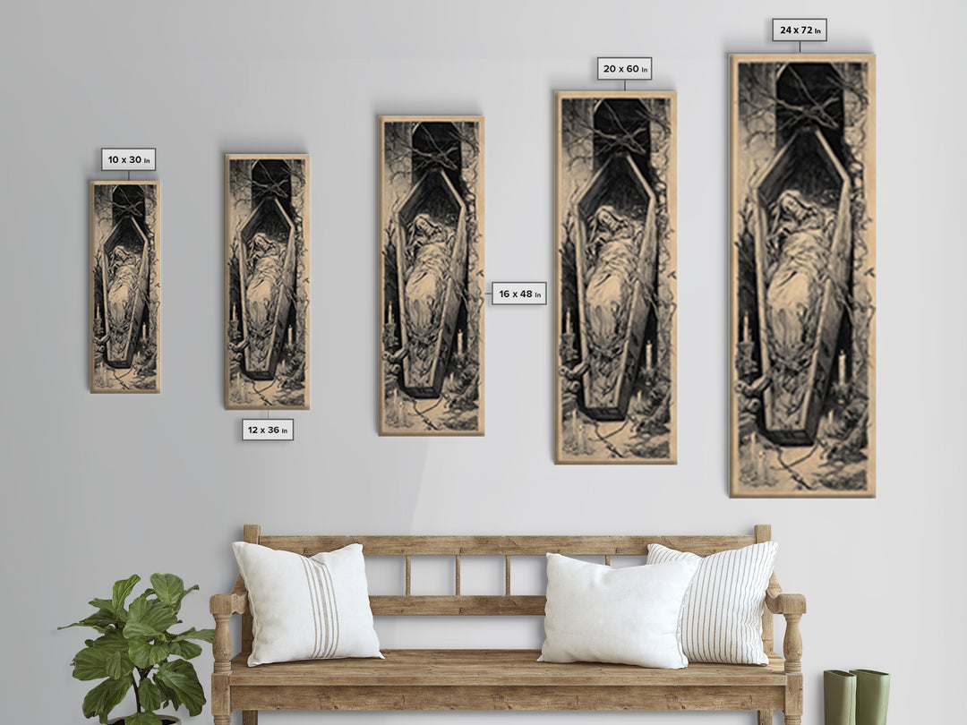 The Coffin Sleeper, Architectural Etching Art, Tall Narrow Wall Art, Gothic Horror Wall Art, Canvas Print, Halloween Wall Art