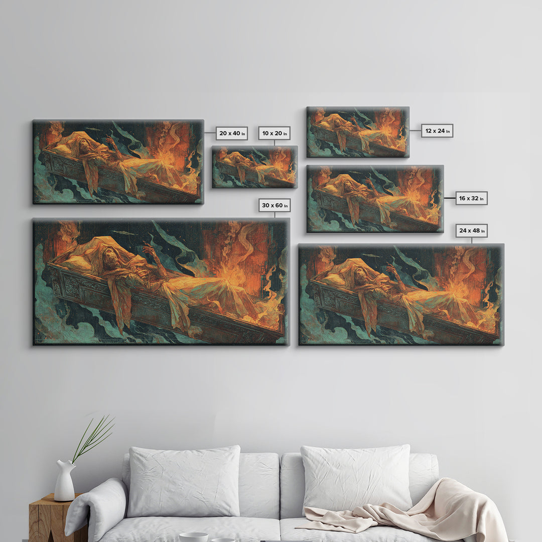 The Coffin Sleeper, Apocalyptic Romantic Art, Wide Panoramic Art, Dark Halloween Decor, Canvas Print, Halloween Wall Art, Dark Fantasy Art