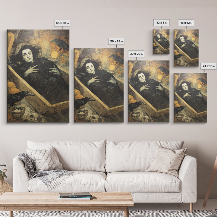 The Coffin Sleeper, Symbolist Etching Art, Vertical Wall Art, Gothic Horror Wall Art, Framed Canvas Print, Halloween Wall Art