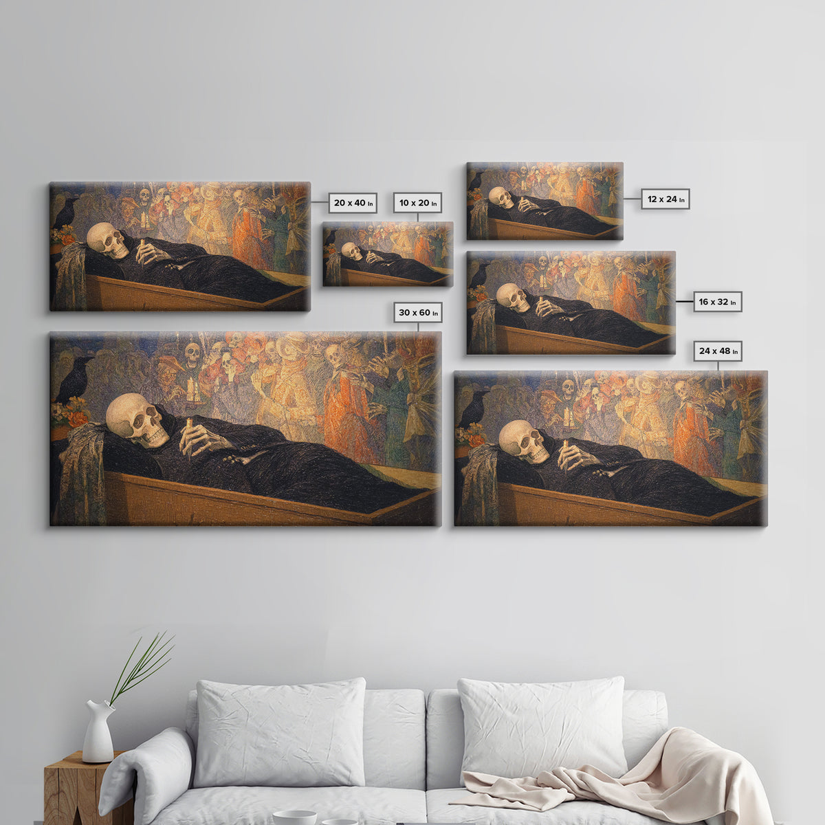 The Coffin Sleeper, Grotesque Carnival Art, Wide Panoramic Art, Dark Halloween Decor, Framed Canvas Print, Halloween Wall Art