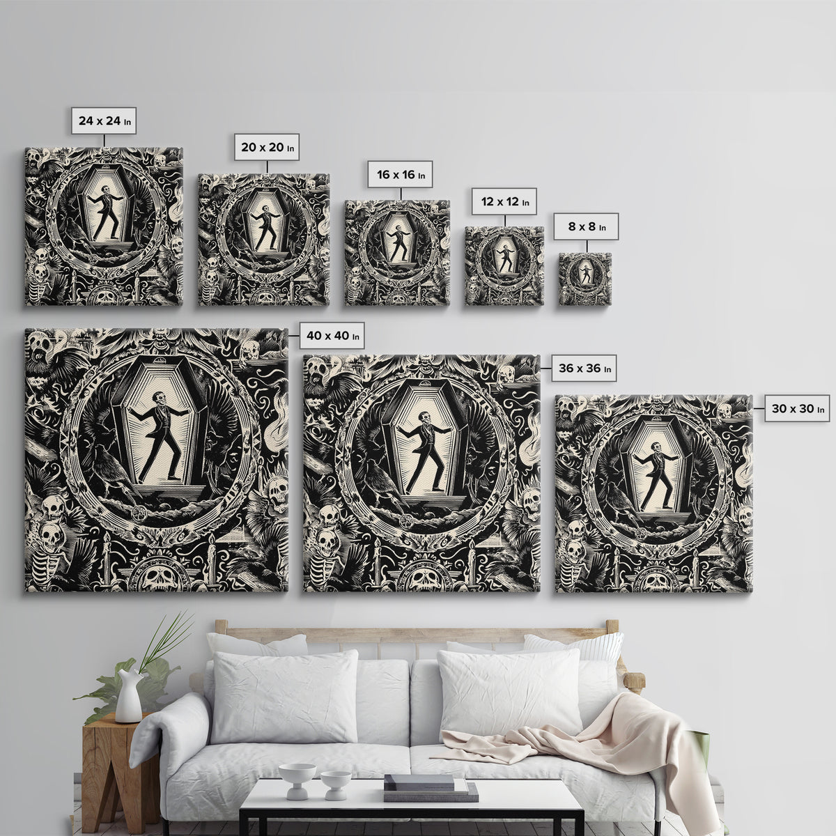 The Coffin Sleeper, Macabre Folk Print Art, Square Wall Art, Dark Halloween Decor, Canvas Print, Halloween Wall Art