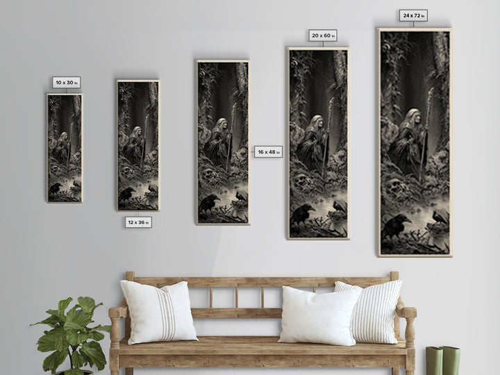 The Swamp Witch, Gothic Engraving Art, Tall Narrow Wall Art, Macabre Wall Art, Framed Canvas Print, Halloween Wall Art