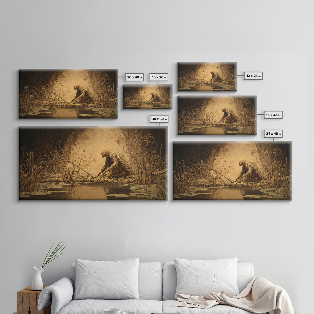 The Bog Mummy, Expressionist Nightmare Art, Wide Panoramic Art, Macabre Wall Art, Framed Canvas Print, Halloween Wall Art, Halloween Decor