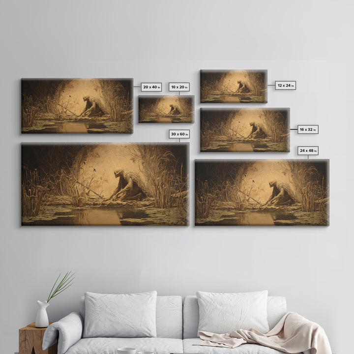 The Bog Mummy, Expressionist Nightmare Art, Wide Panoramic Art, Macabre Wall Art, Framed Canvas Print, Halloween Wall Art, Halloween Decor