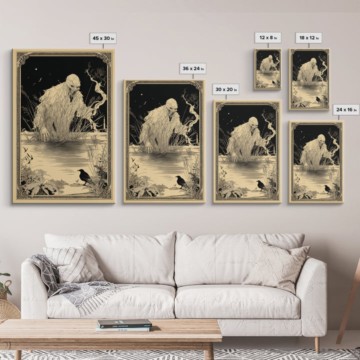 The Bog Mummy, Decadent Line Art, Vertical Wall Art, Dark Fantasy Wall Art, Framed Canvas Print, Halloween Wall Art