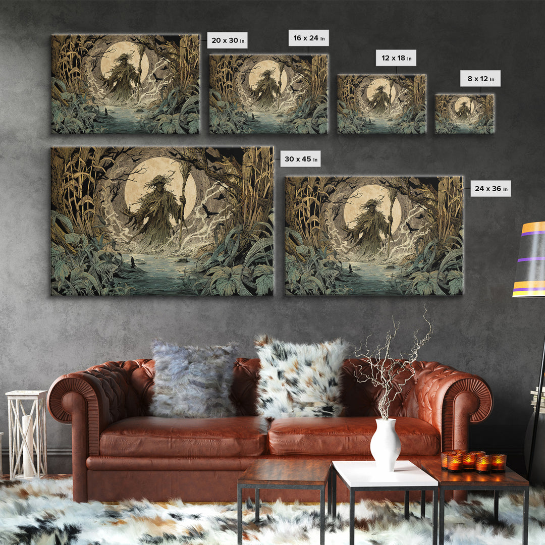 The Bog Mummy, Gothic Storybook Art, Landscape Wall Art, Dark Halloween Decor, Framed Canvas Print, Halloween Wall Art