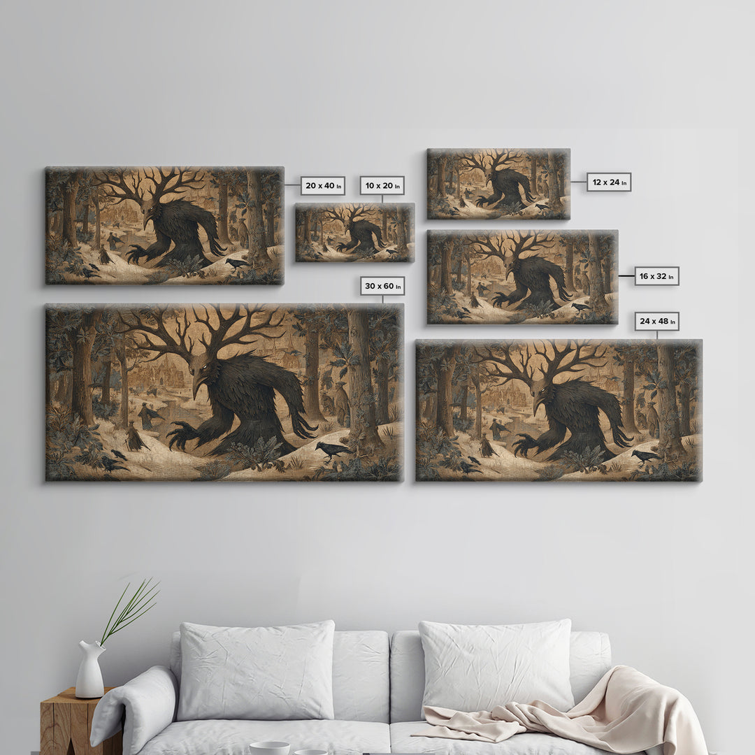 The Antlered Forest Spirit, Northern Renaissance Horror, Wide Panoramic Art, Macabre Wall Art, Canvas Print, Halloween Wall Art
