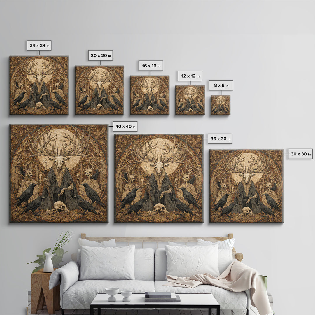 The Antlered Forest Spirit, Danse Macabre Art, Square Wall Art, Dark Halloween Decor, Framed Canvas Print