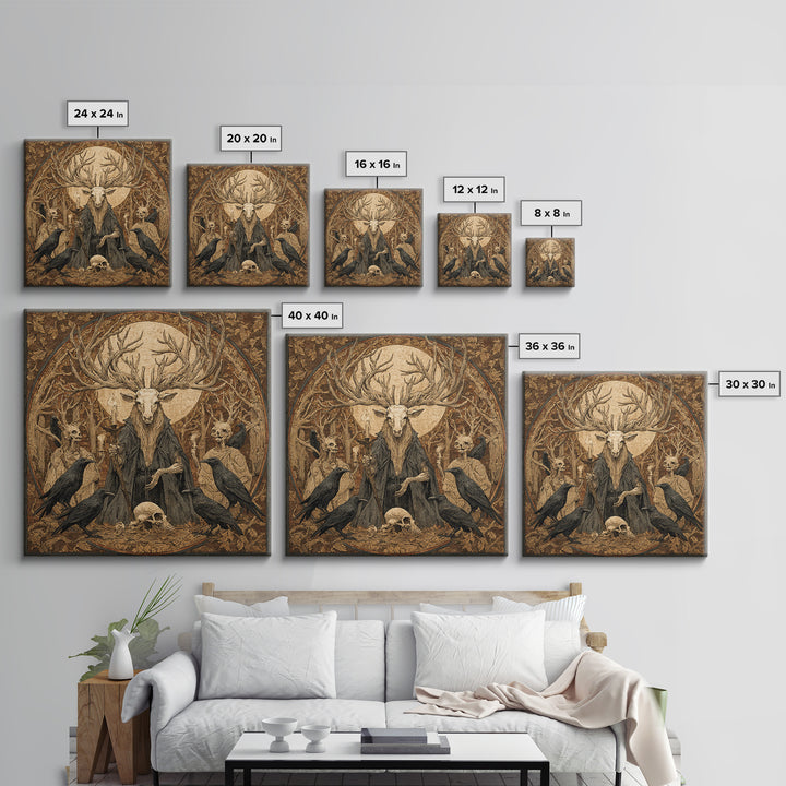 The Antlered Forest Spirit, Danse Macabre Art, Square Wall Art, Dark Halloween Decor, Framed Canvas Print