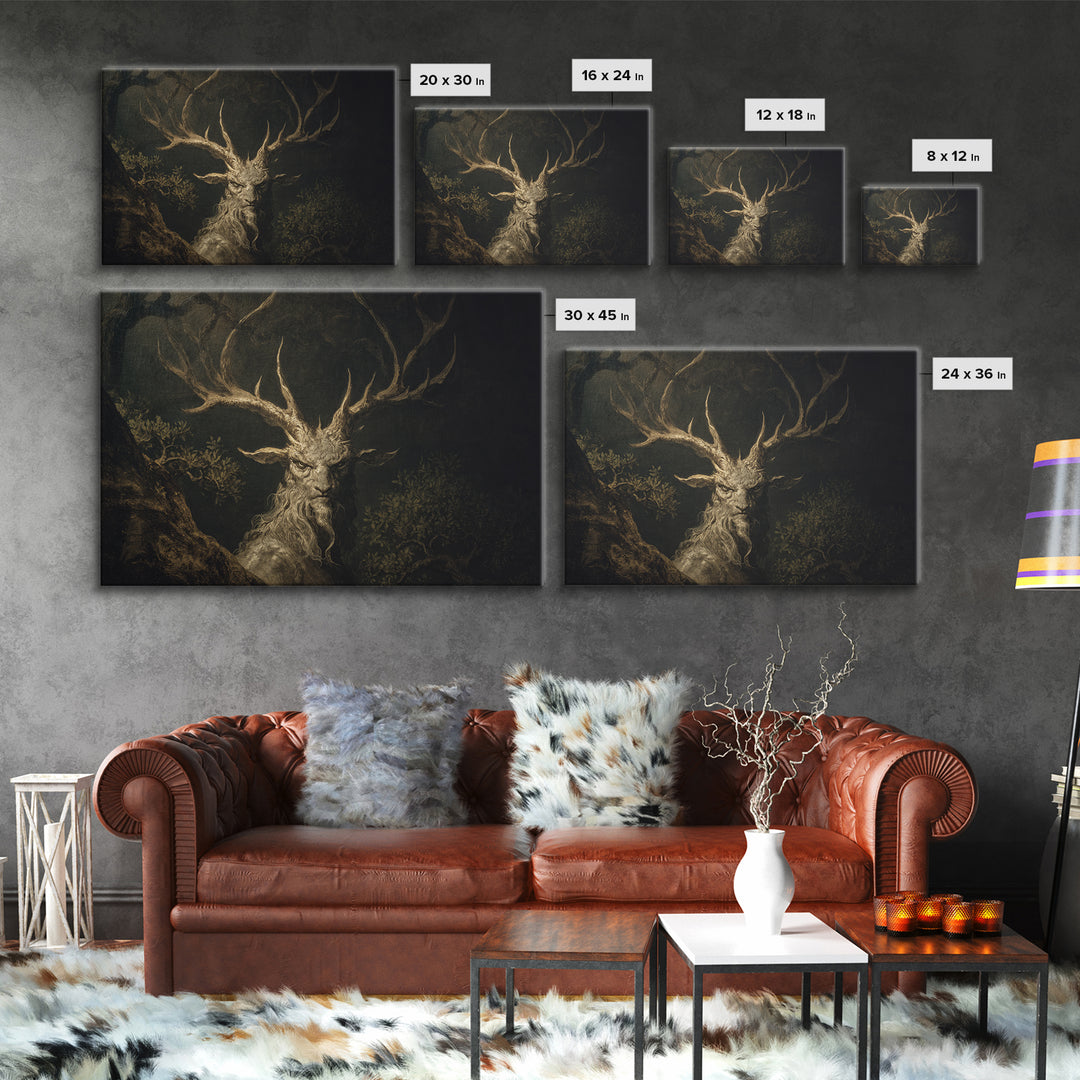 The Antlered Forest Spirit, Baroque Witchcraft Art, Landscape Wall Art, Macabre Wall Art, Framed Canvas Print, Halloween Wall Art